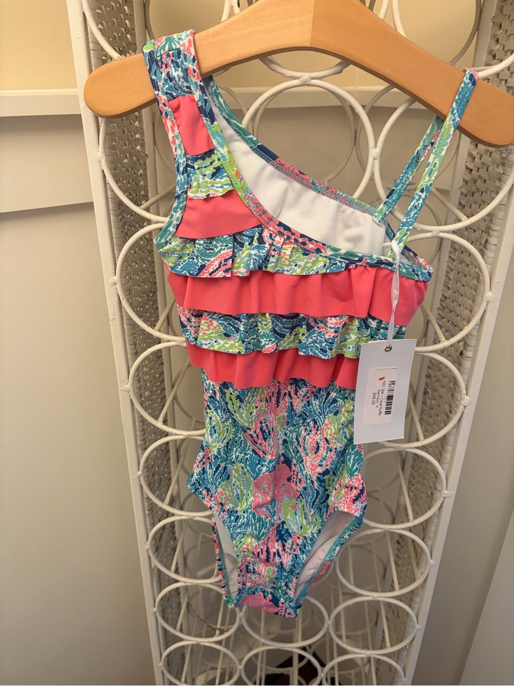 envy Girls One-Shoulder Ruffle Swimsuit in Coral and Blue-Green Print